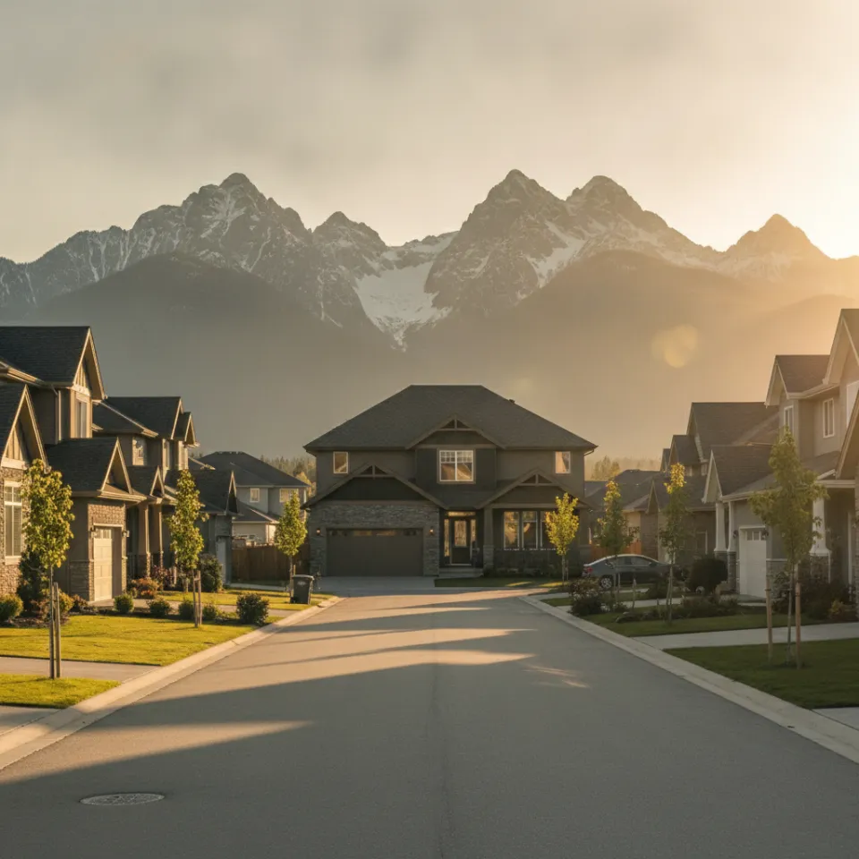 Quiet residential street in the Bonson neighbourhood of Pitt Meadows with Golden Ears mountains behind