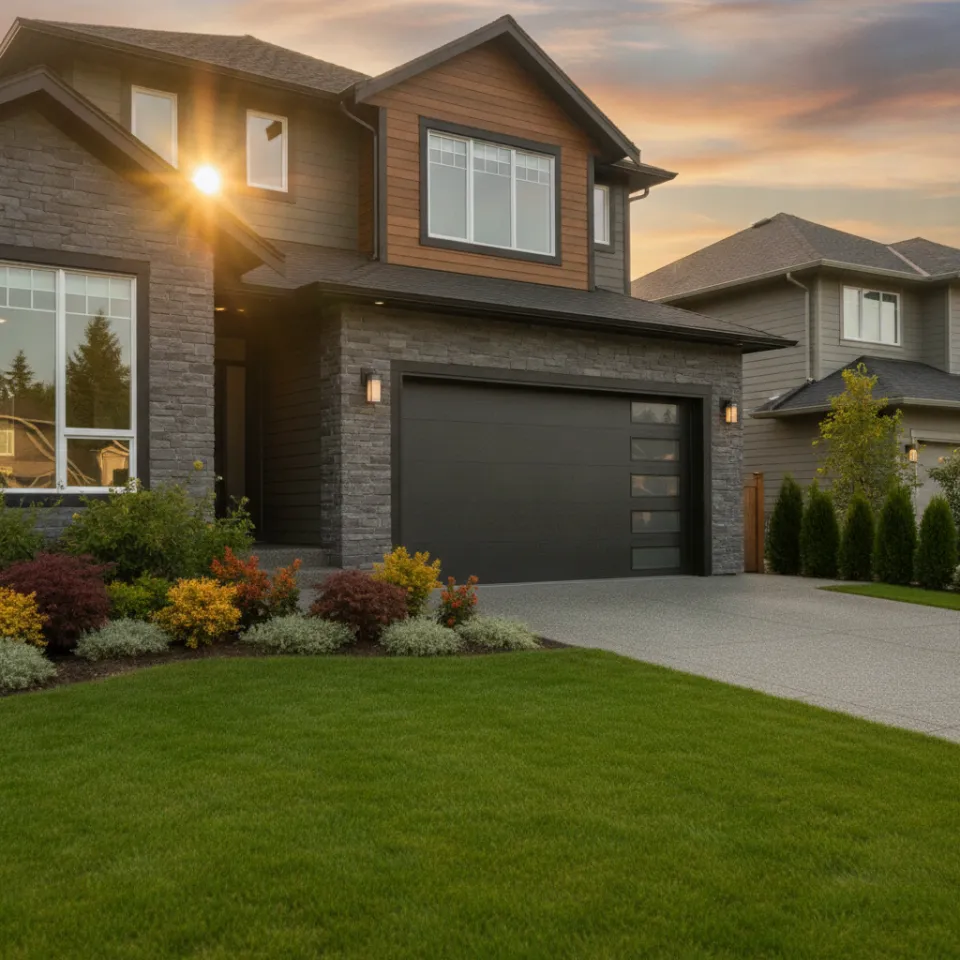 Freshly installed modern charcoal flush-panel garage door on a Bonson home in Pitt Meadows