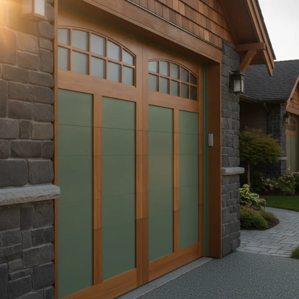 New sage-green carriage-style residential garage door on a Pitt Meadows home